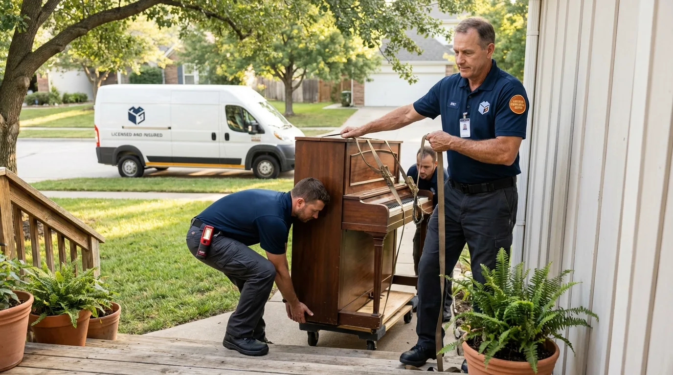 Licensed piano movers securing grand piano in Guntown, MS