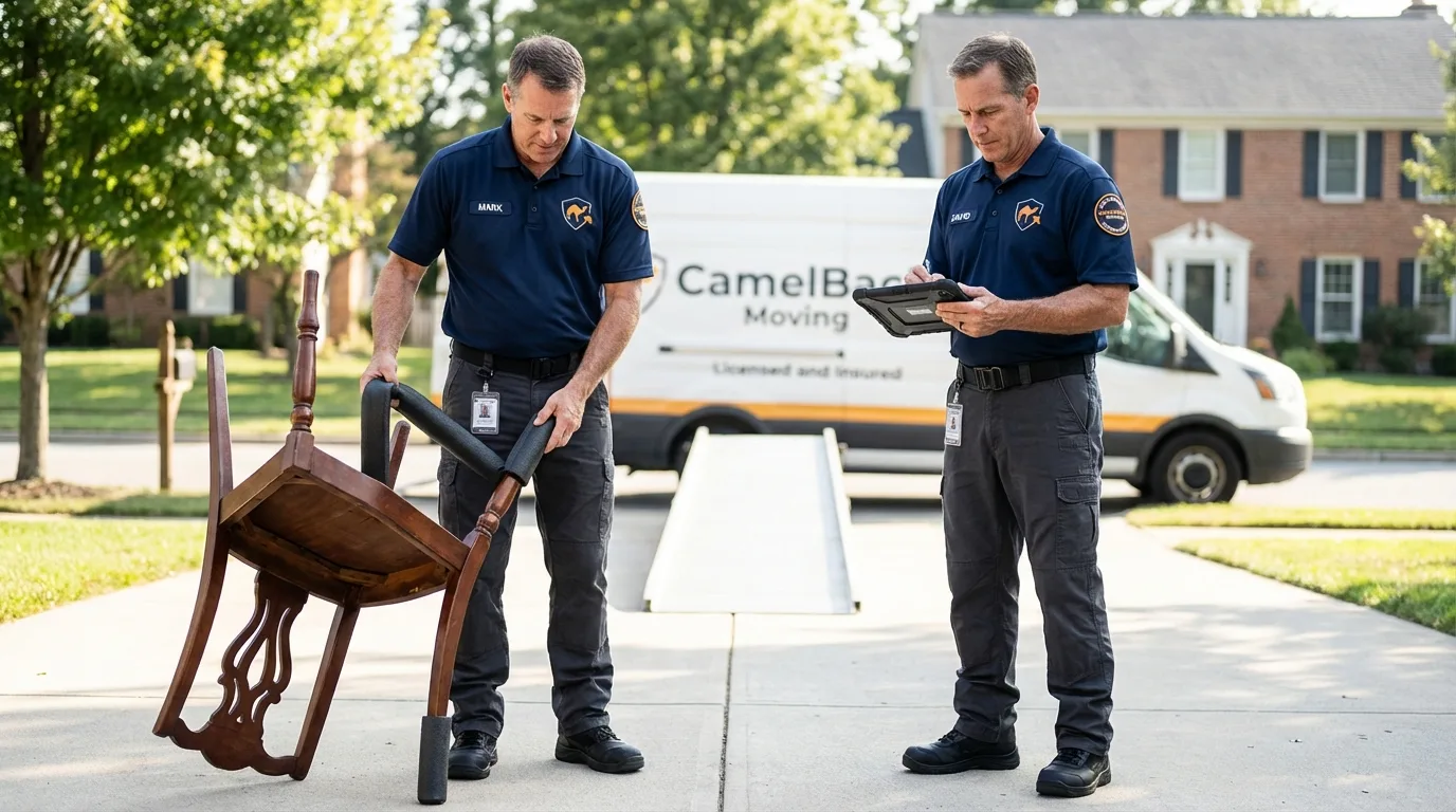 Movers inspecting furniture for damage prevention before loading in Guntown, MS