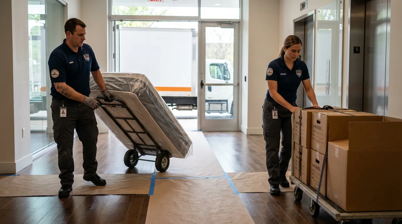 Professional apartment movers loading elevator in Guntown, MS